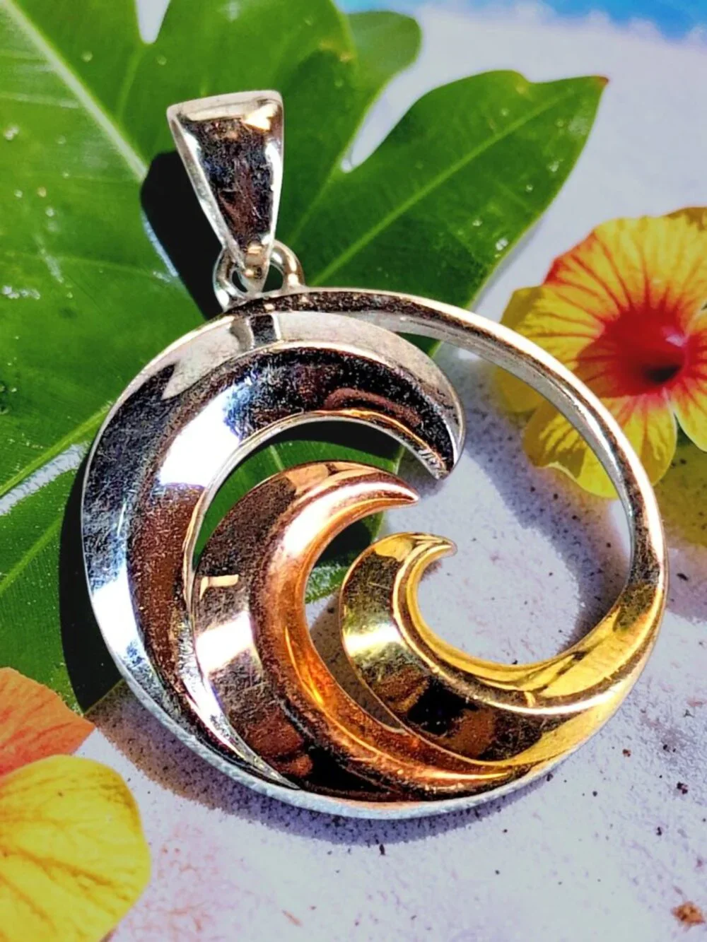 Vintage Tricolor 925 Sterling Silver Hawaiian Ocean Wave Open-Work Pendant